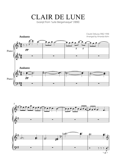 Clair de Lune - 4 hands (G maj) (arr. Amanda Kohn)