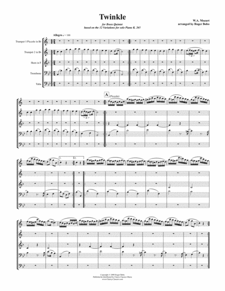 Twinkle Variations for Brass Quintet (arr. Bobo, Roger)