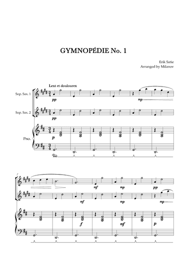 Gymnopédie no 1 | Soprano Saxophone Duet | Original Key| Piano accompaniment |Easy intermediate (arr. Milanov)