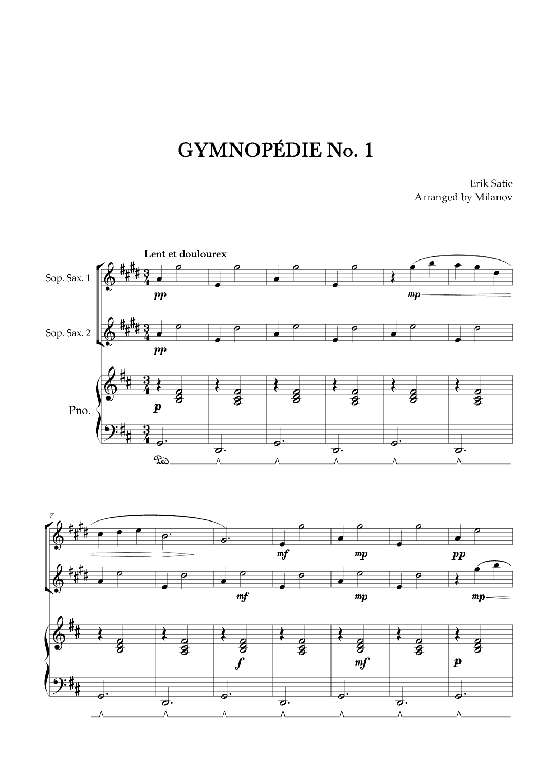 Gymnopédie no 1 | Soprano Saxophone Duet | Original Key| Piano accompaniment |Easy intermediate (arr. Milanov)