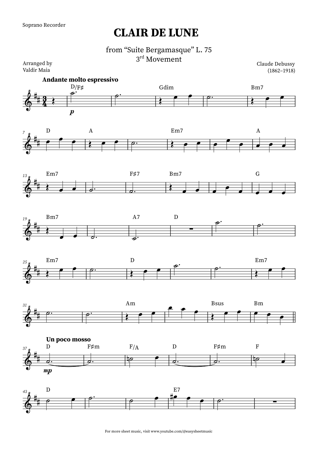 Clair de Lune - Soprano Recorder + CHORDS (arr. Valdir Maia)