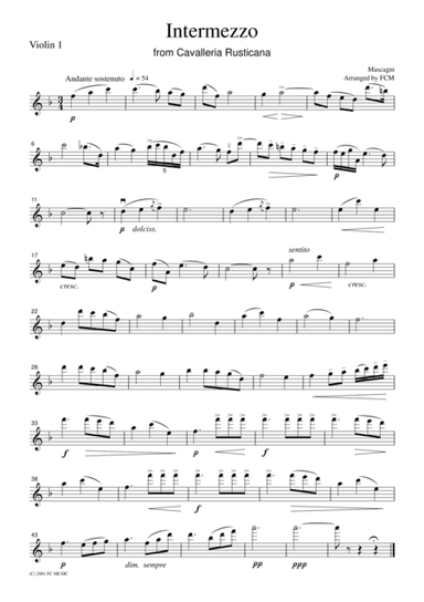 Mascagni  Intermezzo from Cavalleria Rusticana, for string quartet, CM301 (arr. FCMUSIC)