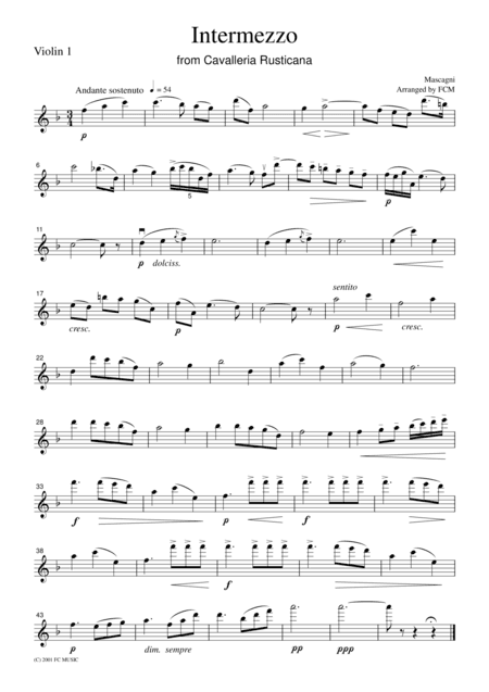Mascagni  Intermezzo from Cavalleria Rusticana, for string quartet, CM301 (arr. FCMUSIC)