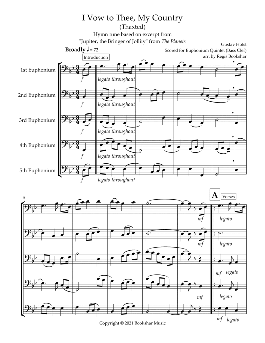 I Vow to Thee, My Country (Thaxted) (Bb) (Euphonium Quintet) (Bass Clef) (arr. Regis Bookshar)