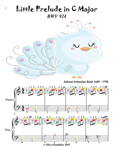 Little Prelude in C Major BWV 924 Easy Piano Sheet Music with Colored Notes (arr. SilverTonalities)