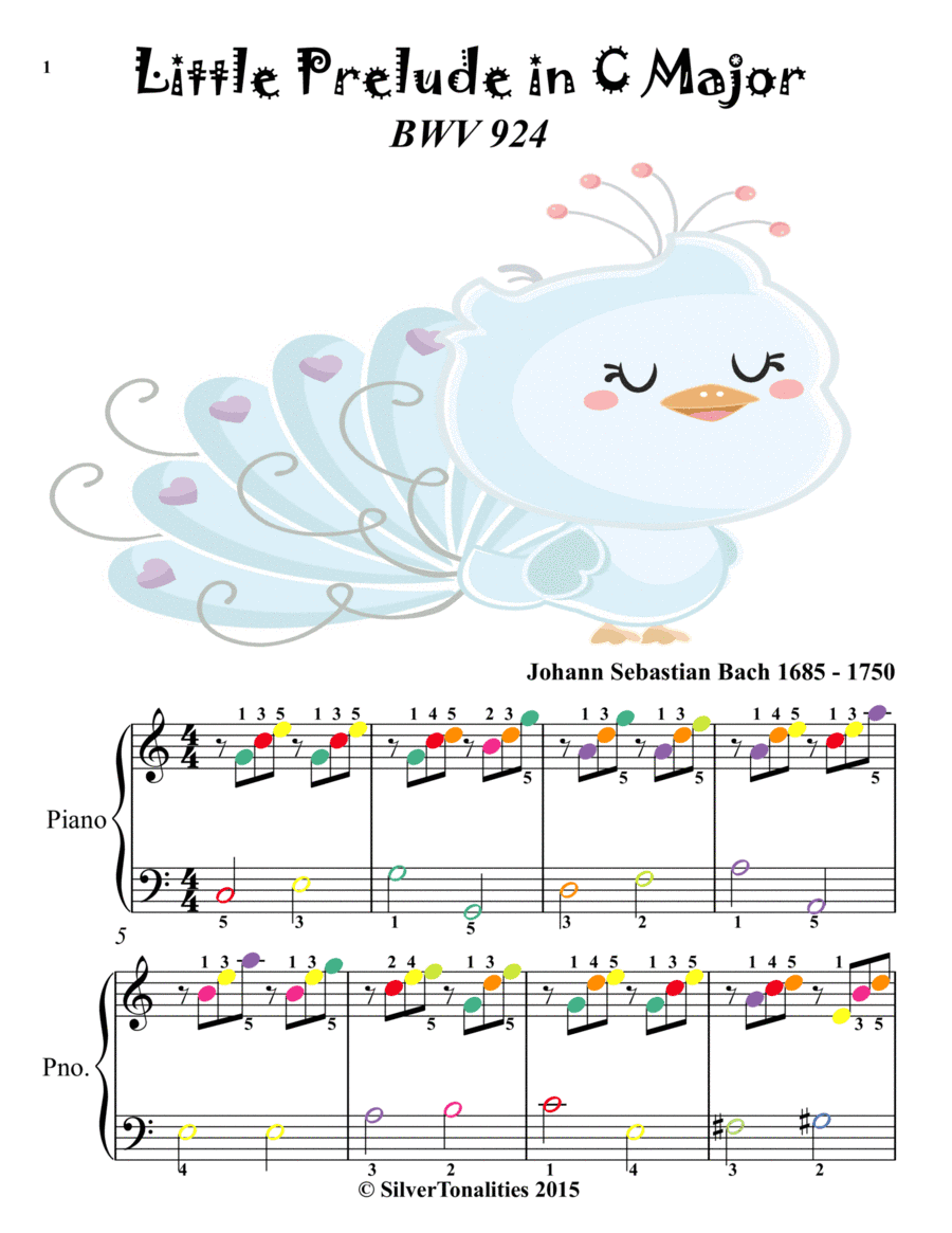 Little Prelude in C Major BWV 924 Easy Piano Sheet Music with Colored Notes (arr. SilverTonalities)