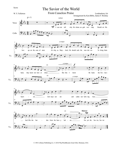The Savior of the World (Londonderry Air), Voice, Violoncello (arr. James F. Rickley, Ken Bible)