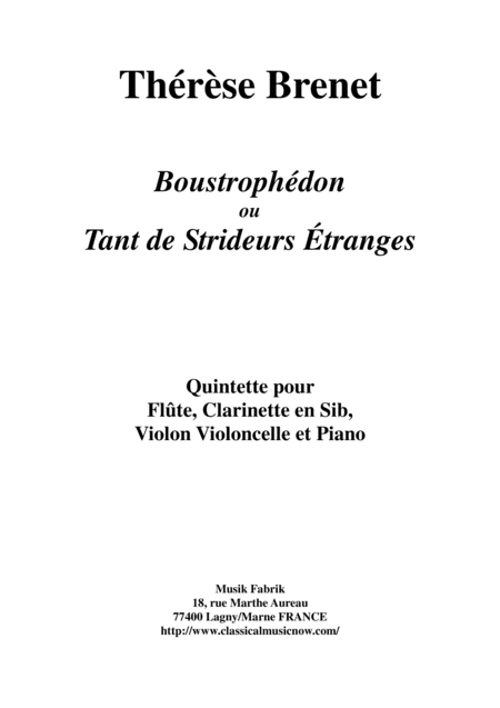Thérèse Brenet : Boustrophédon for flute, clarinet, violin, violoncello and piano