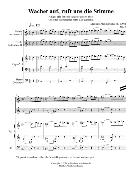 Op. 5 Aria: "Wachet auf, ruft uns die Stimme" (Chamber Conductor Score) (arr. Matthew Alan Edwards)