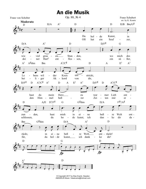 An die Musik, To Music for voice (german/english) and guitar chords (lead sheet) (arr. K. Krantz)