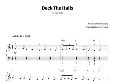 Deck The Halls (easy piano in C major – with chords) (arr. Bernardo Pereira)
