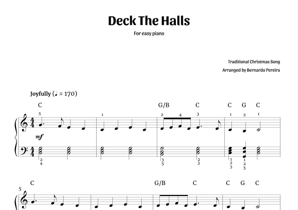Deck The Halls (easy piano in C major – with chords) (arr. Bernardo Pereira)