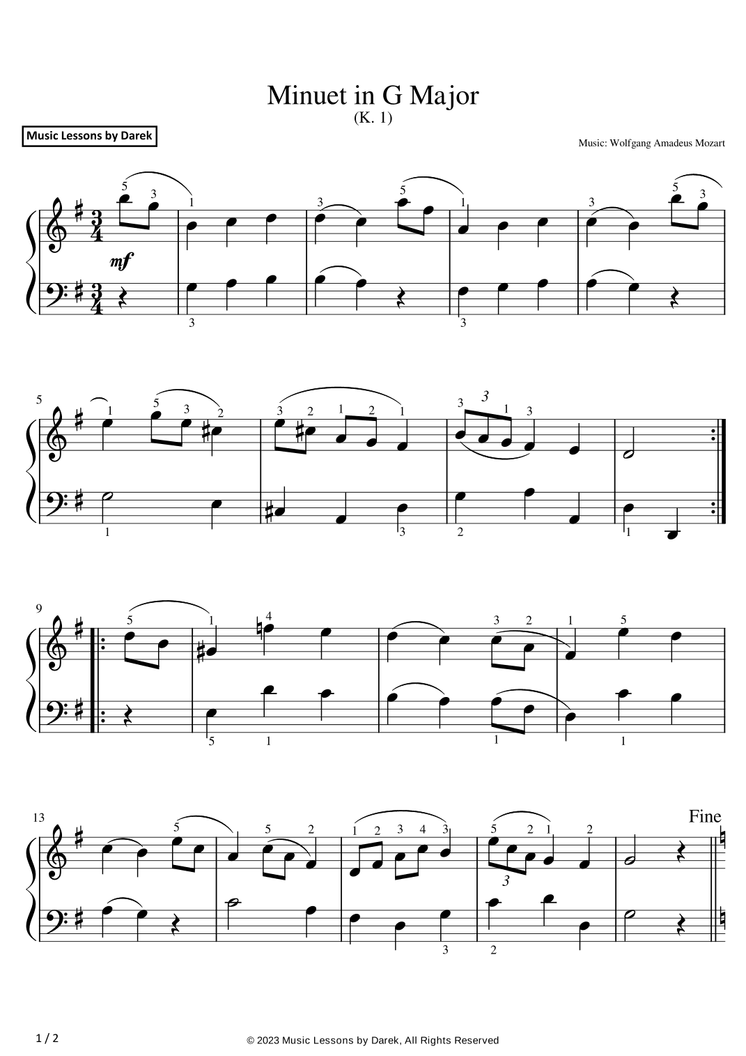 Minuet in G Major (EASY PIANO) (K. 1) [Wolfgang Amadeus Mozart] (arr. Darek)