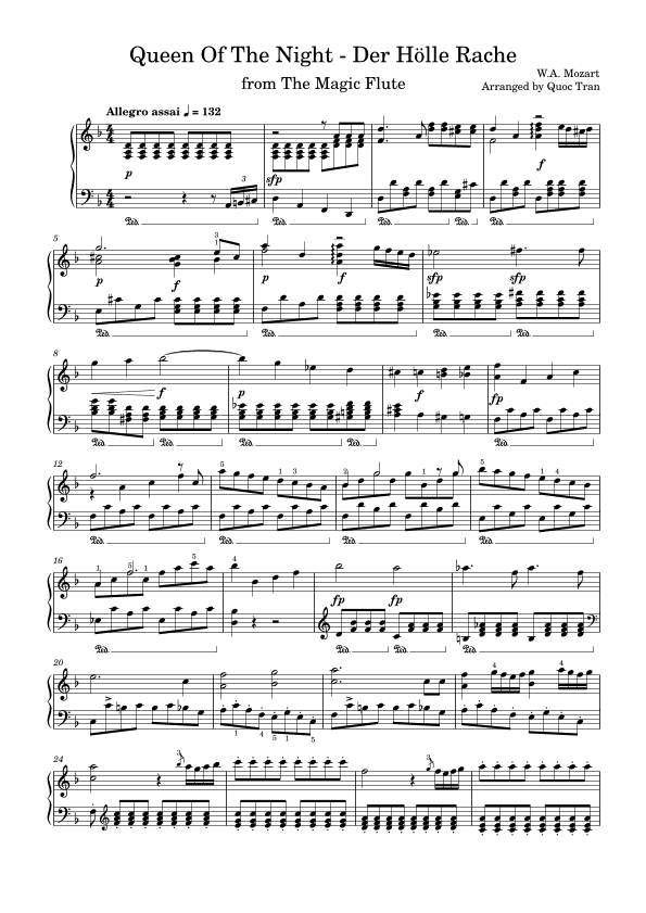 Mozart Queen of the Night - The Magic Flute - For Piano Solo (Intermediate) (arr. Quoc Tran)