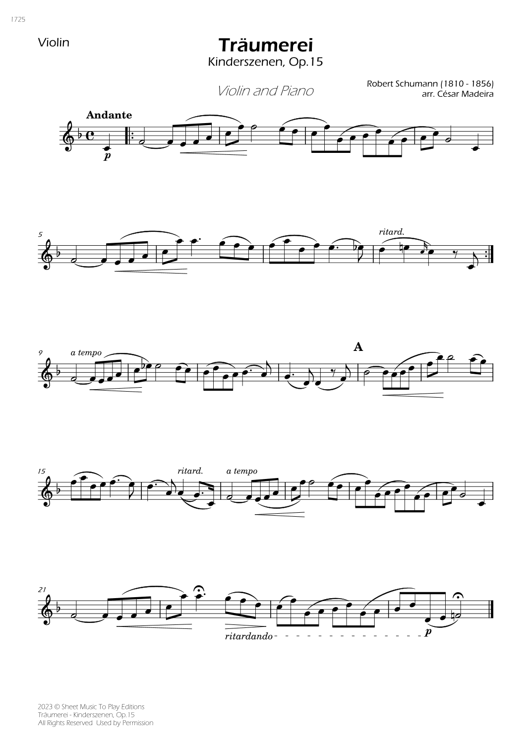 Traumerei by Schumann - Violin and Piano (Individual Parts) (arr. César Madeira)