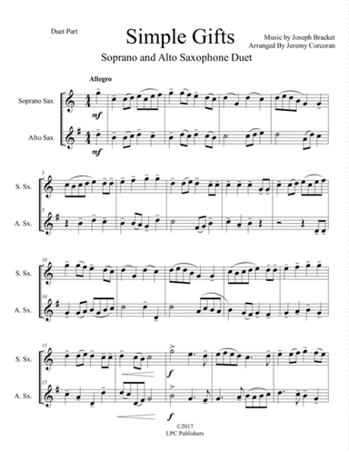 Simple Gifts for Soprano and Alto Saxophone (arr. Jeremy Corcoran)
