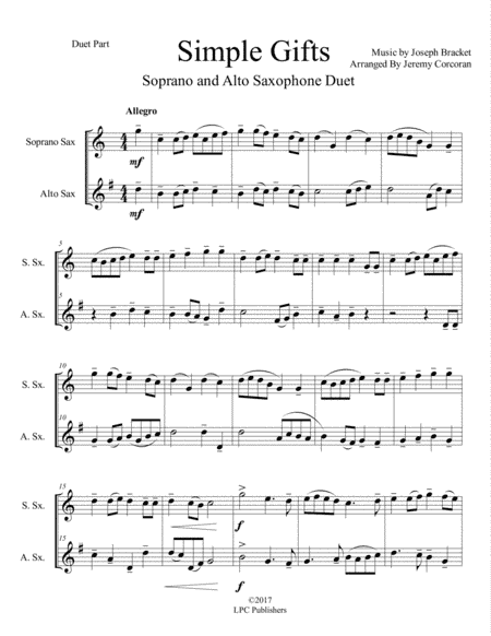Simple Gifts for Soprano and Alto Saxophone (arr. Jeremy Corcoran)