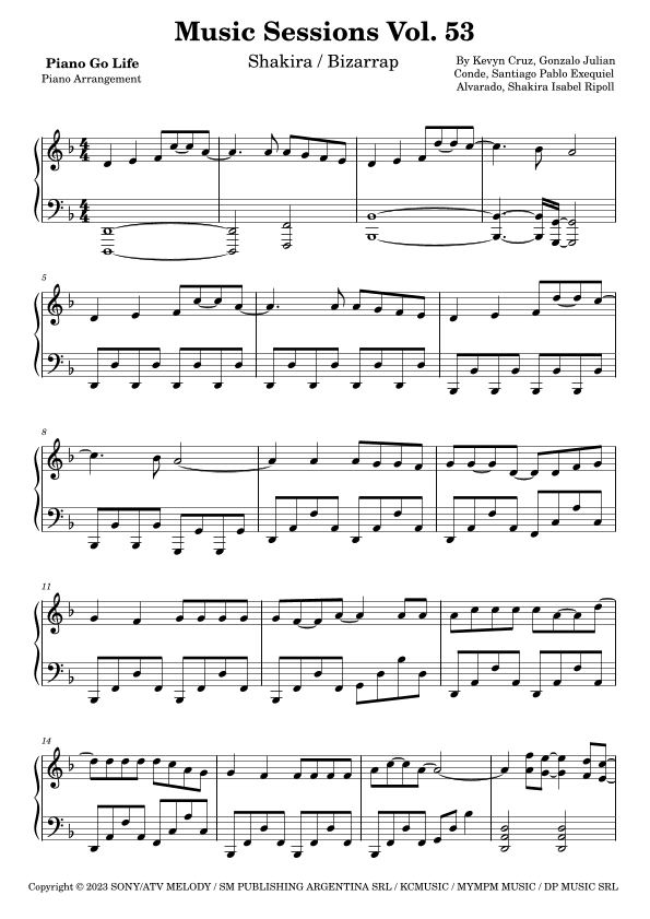 Shakira: Bzrp Music Sessions Vol. 53 (arr. Piano Go Life)