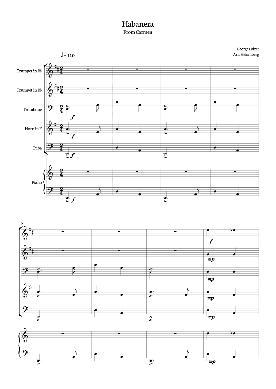Georges Bizet - Carmen - Habanera for Brass Quintet in a easy version with piano - Score and parts (arr. Heisenberg)