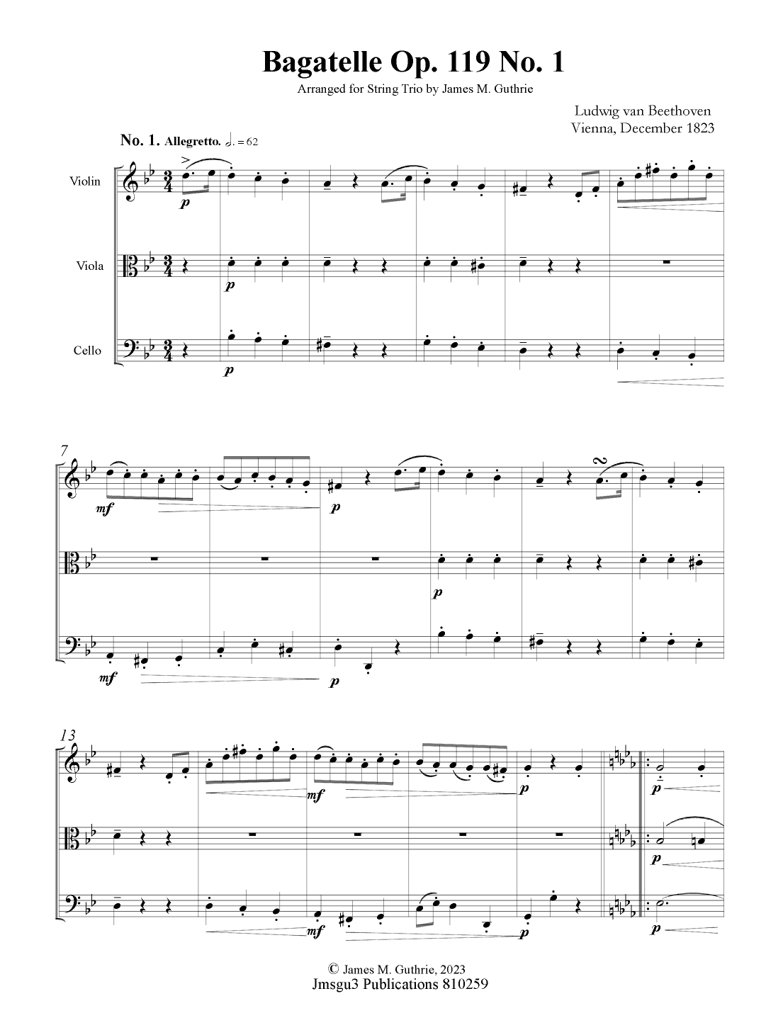Beethoven: Bagatelle Op. 119 No. 1 for String Trio (arr. James M. Guthrie, ASCAP)