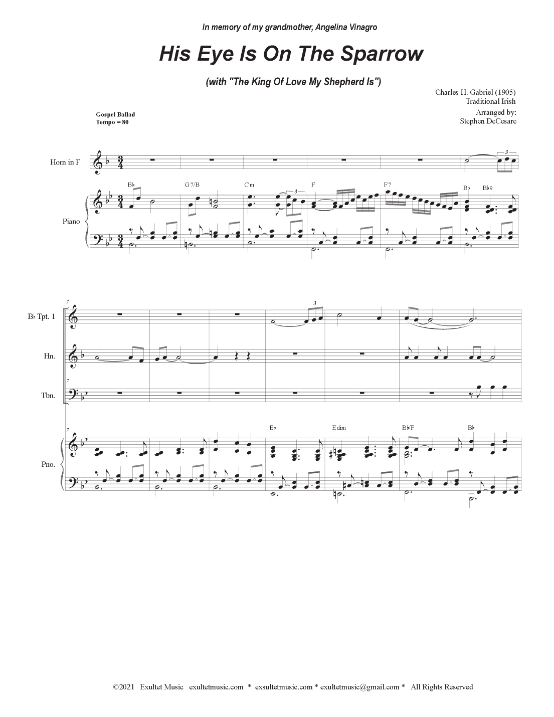 His Eye Is On The Sparrow (with "The King Of Love My Shepherd Is") (Brass Quartet and Piano) (arr. Stephen DeCesare)