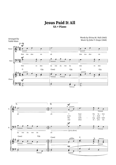 Jesus Paid It All - Tenor and Bass Duet or Choir (Piano Accompaniment + Chords) (arr. Valdir Maia)