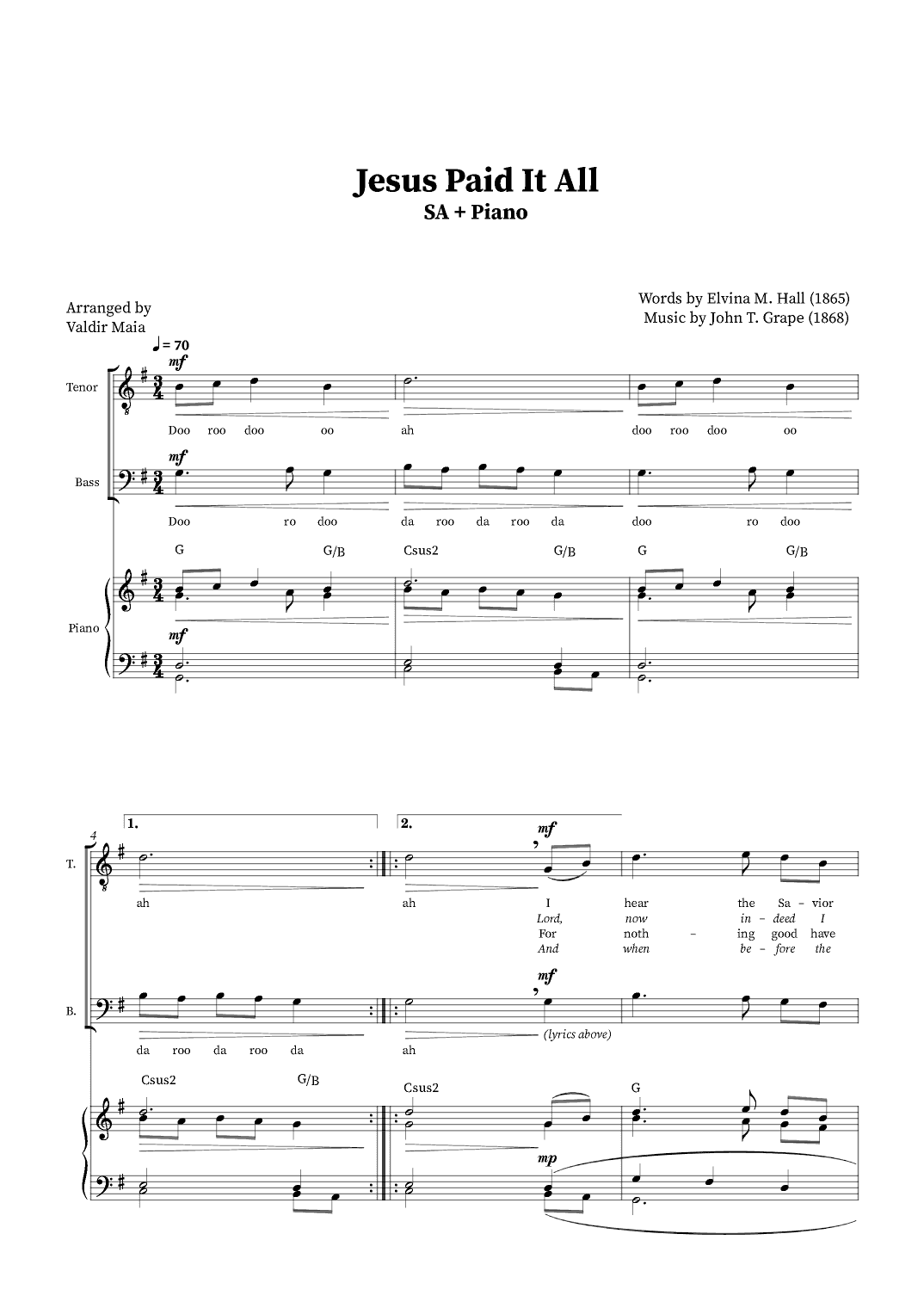 Jesus Paid It All - Tenor and Bass Duet or Choir (Piano Accompaniment + Chords) (arr. Valdir Maia)