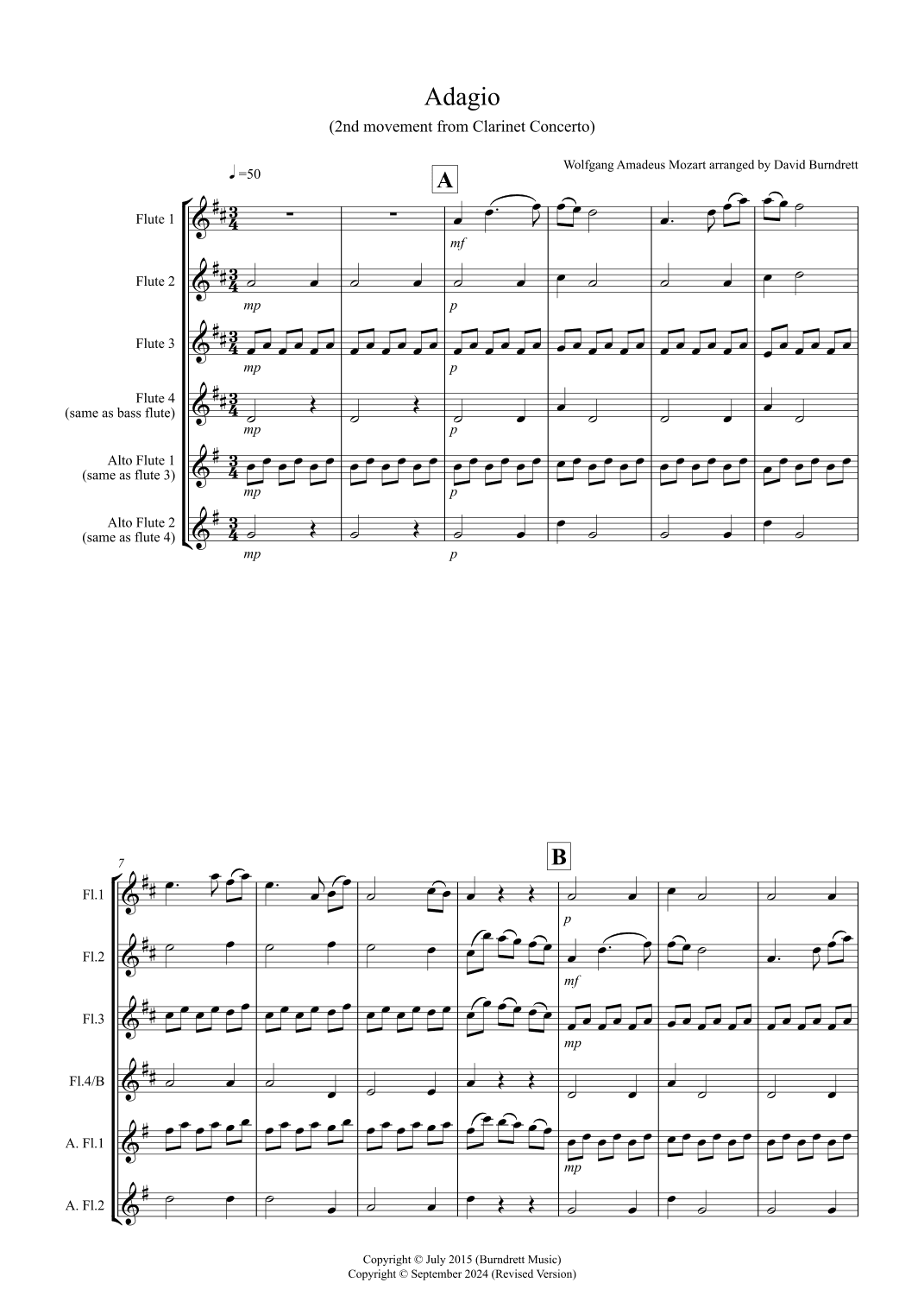 Adagio from Mozart's Clarinet Concerto for Flute Quartet (arr. David Burndrett)