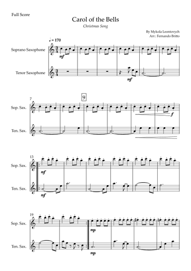 Carol of the Bells in Jazz Version (Christmas Song) for Soprano Saxophone & Tenor Saxophone Duo (arr. Fabio Britto)