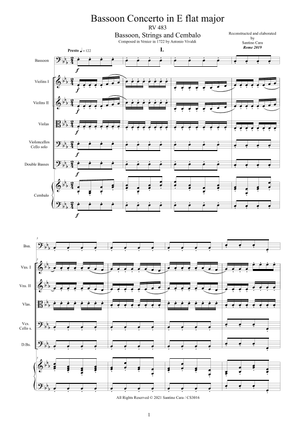 Vivaldi - Bassoon Concerto in E flat major RV 483 for Bassoon, Strings and Cembalo (arr. Santino Cara)