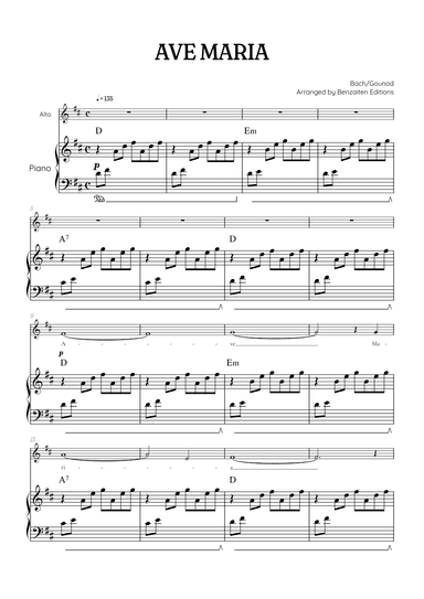 Bach / Gounod Ave Maria in D major • contralto sheet music with piano accompaniment and chords (arr. Benzaiten Editions)