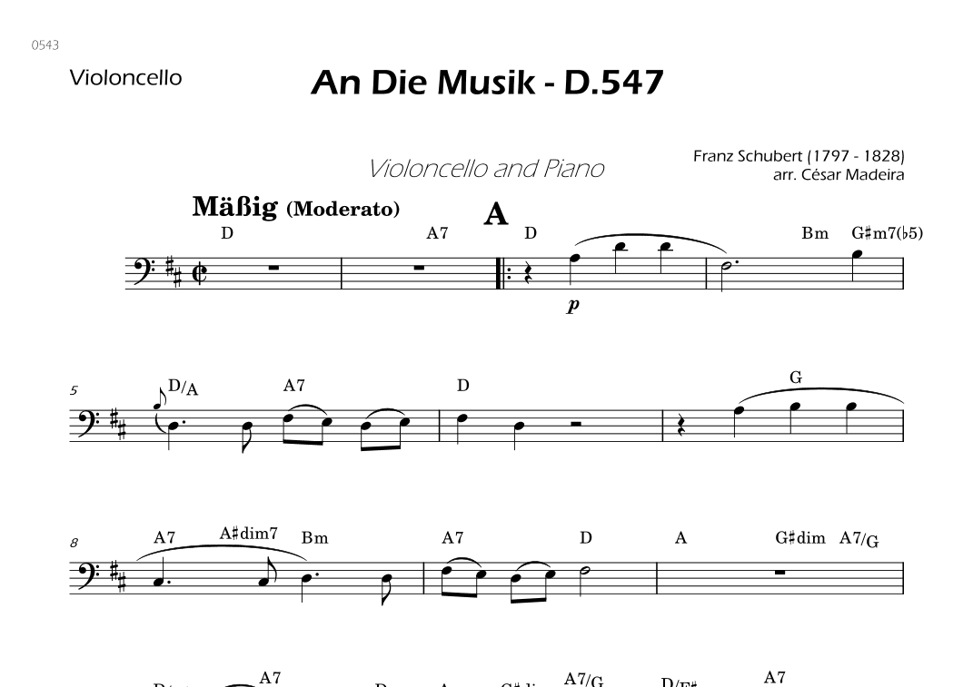 An Die Musik - Cello Solo - W/Chords (arr. César Madeira)
