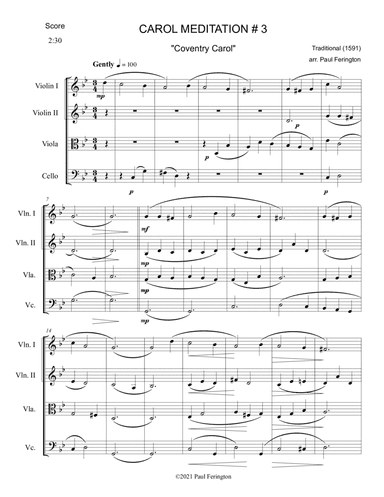 "Coventry Carol" from 12 CAROL MEDITATIONS for String Quartet (arr. Paul Ferington)