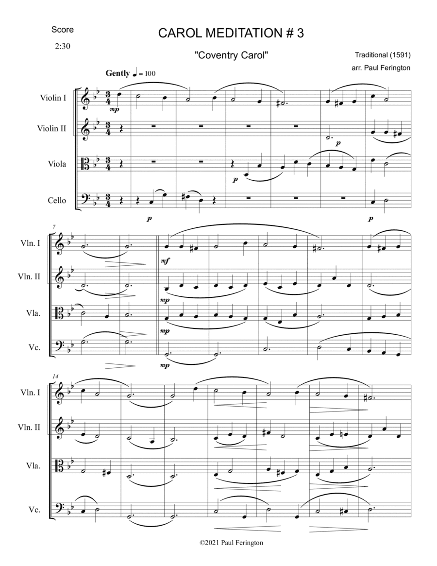 "Coventry Carol" from 12 CAROL MEDITATIONS for String Quartet (arr. Paul Ferington)