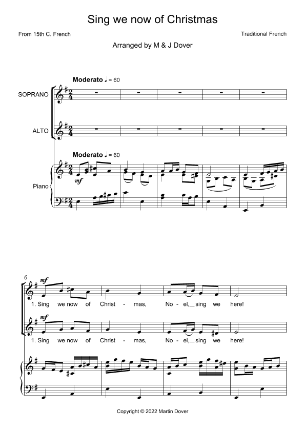 Sing we now of Christmas - Noel Nouvelet - 2 part choir - SA - Upper Voices (arr. M & J Dover)