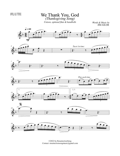 We Thank You, God INSTRUMENTAL PARTS (Unison, Optional Flute & Handbells)