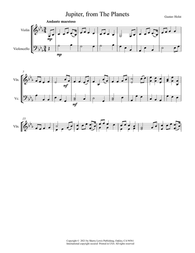 JUPITER from The Planets String Duo, Intermediate Level for violin and cello (arr. Sherry Lewis)