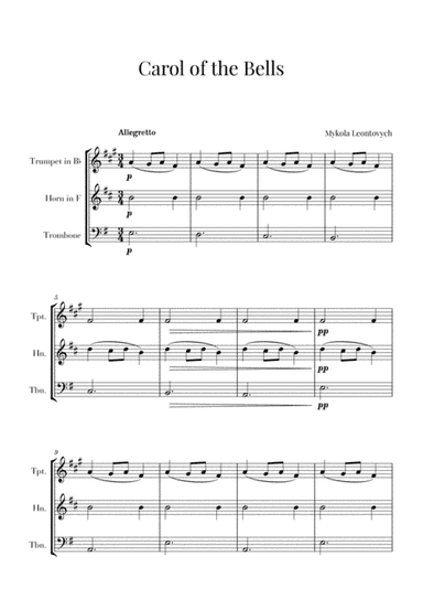 Carol of the Bells for Trumpet, French Horn and Trombone (Brass Trio) (arr. Cadenza Editions)