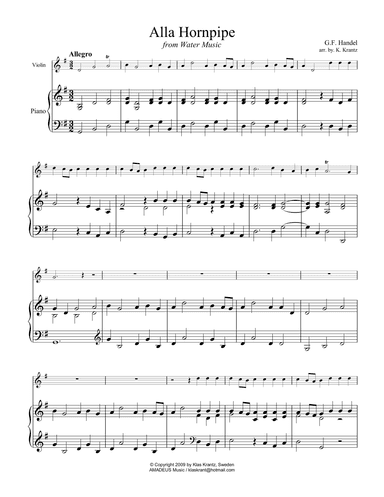 Alla Hornpipe from Water Music for violin and easy piano (cello part ad lib.) (arr. K. Krantz)