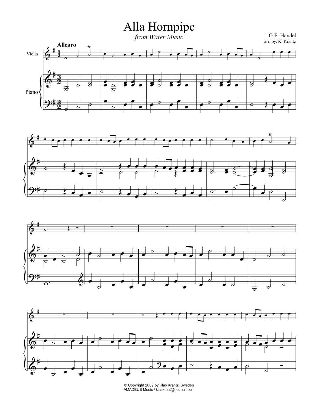 Alla Hornpipe from Water Music for violin and easy piano (cello part ad lib.) (arr. K. Krantz)