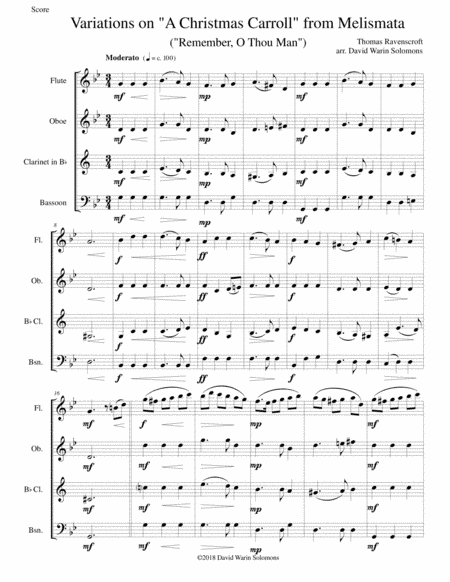 Variations on Remember, O Thou Man (from Ravenscroft's Melismata) for wind quartet (arr. David Warin Solomons)