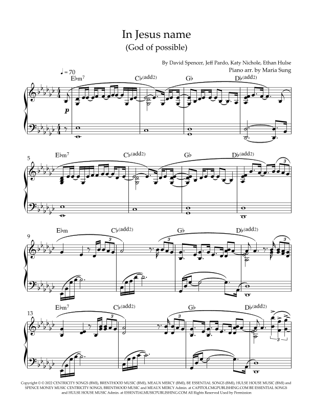 In Jesus Name (god Of Possible) (arr. Maria Sung Music)