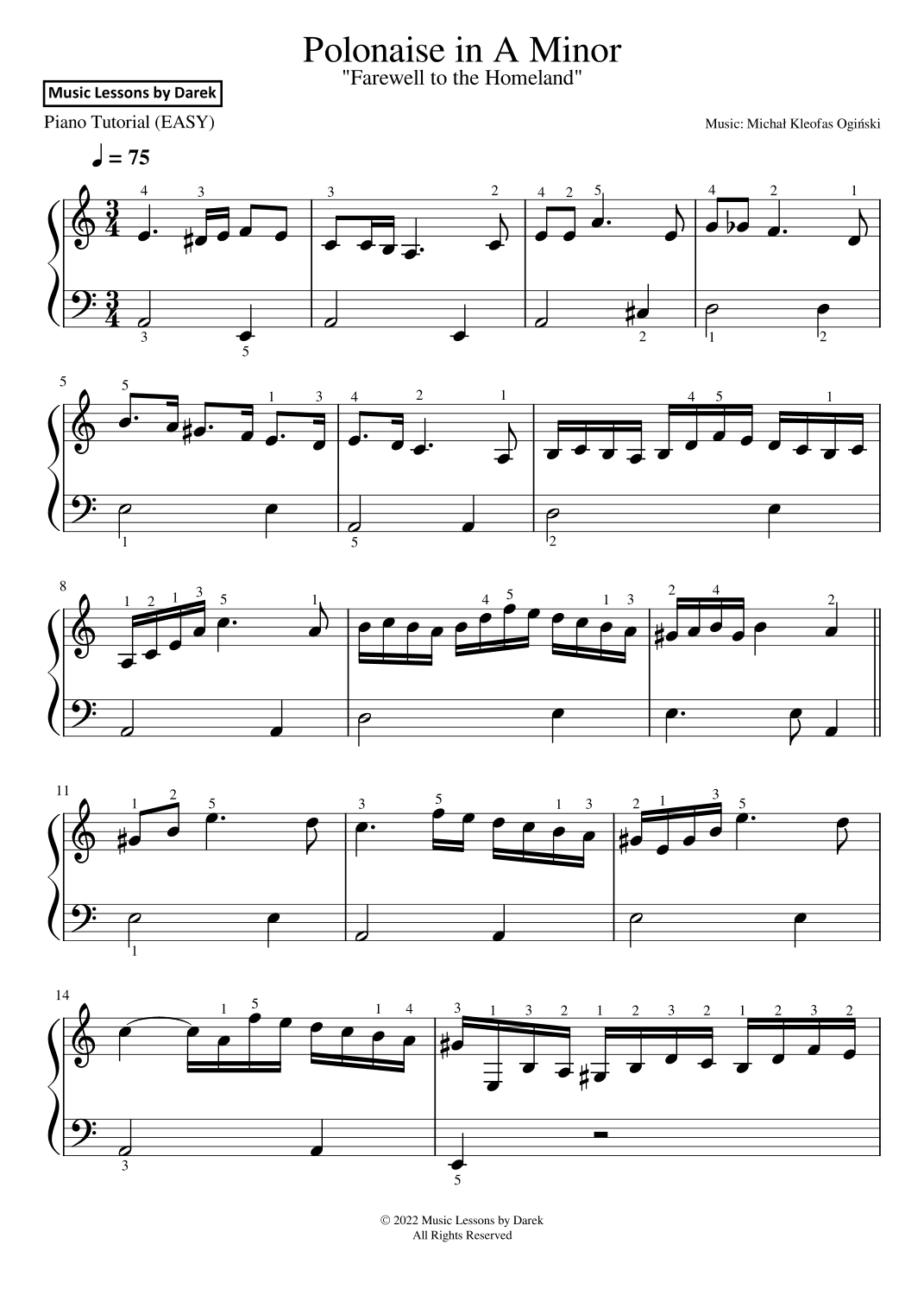 Polonaise in A Minor (EASY PIANO) "Farewell to the Homeland" [Michal Kleofas Oginski] (arr. Darek)