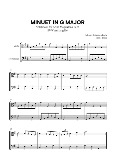 Minuet in G Major (BWV Anh. 116) (for Viola and Trombone) (arr. Cadenza Editions)