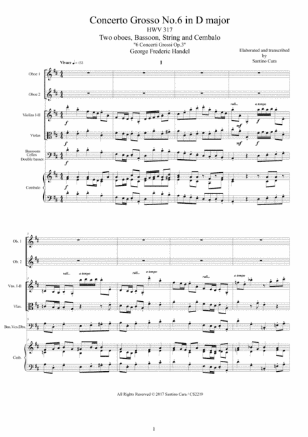 Handel - Concerto Grosso in D major No.6 Op.3 HWV 317 for Winds, Strings and Cembalo - Score and Par (arr. Santino Cara)