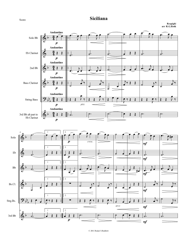 Respighi 1931 P172 Ancient Airs & Dances Suite III 3 Siciliana Ignoto For Clarinet Quartet (arr. R G Roth)
