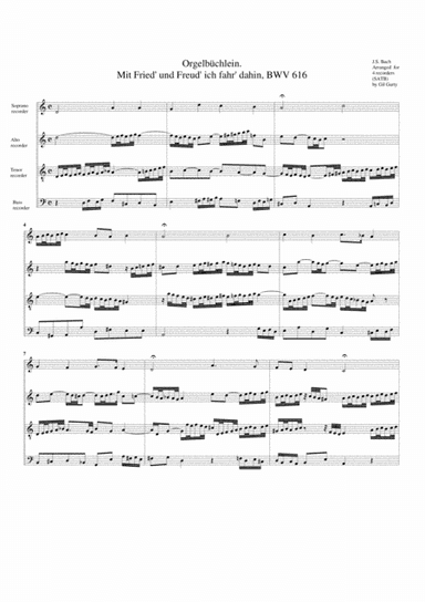 Mit Fried' und Freud' ich fahr' dahin, BWV 616 from Orgelbuechlein (arrangement for 4 recorders) (arr. Gil Garty)