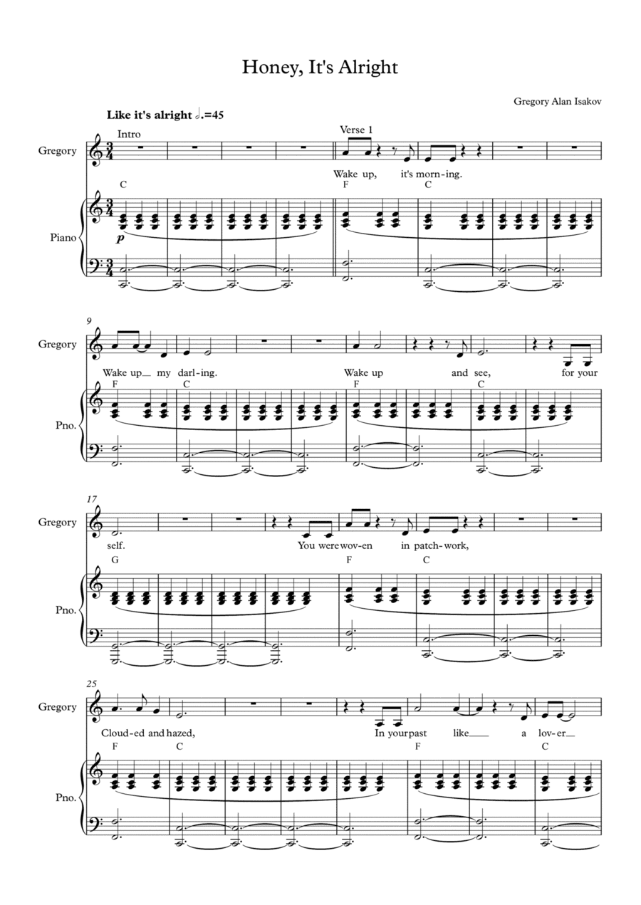 Honey, It's Alright - Gregory Alan Isakov arr. Piano by E.F.J. Fagan (arr. E.F.J. Fagan)
