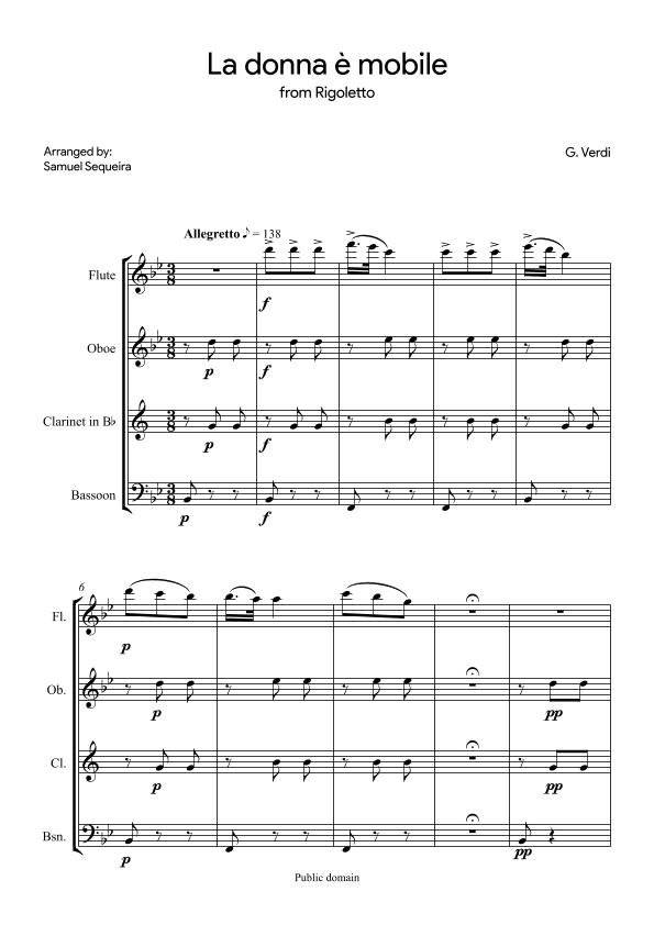 La donna è mobile - Woodwind Quartet (Flute; Oboe; Clarinet in Bb; Bassoon) (arr. Samuel Sequeira)