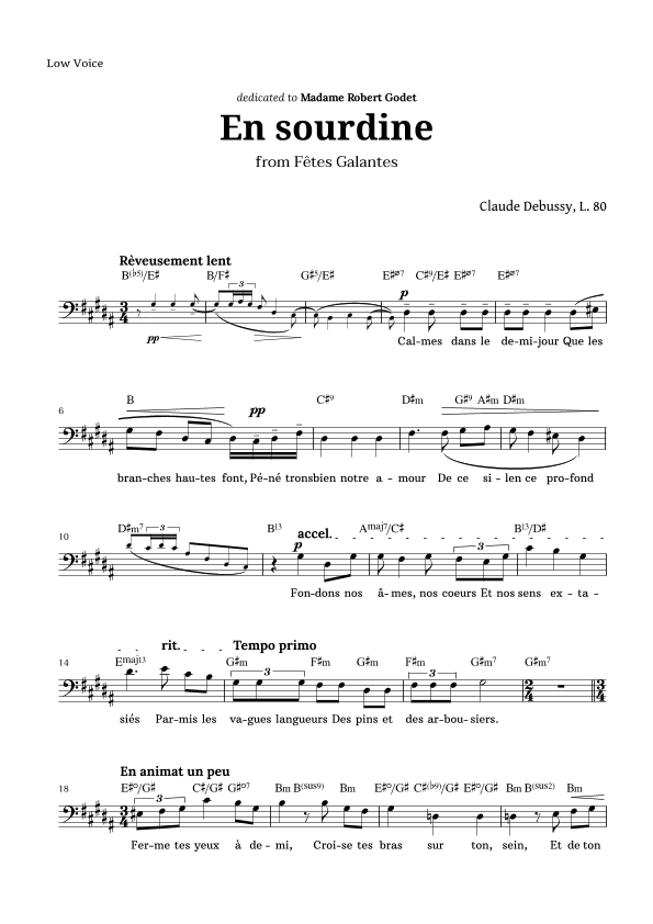 En sourdine by Debussy for Low Voice and Chords (arr. Langanho)